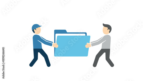Two people in blue and grey attire are collaboratively transferring a large blue data folder, symbolizing secure file sharing, important document exchange, or information delivery for