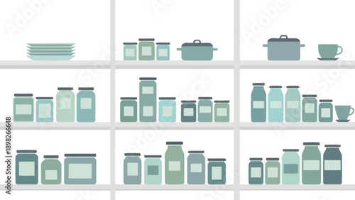 Minimalist kitchen shelves displaying a collection of plates, jars, and cookware in a serene color palette, perfect for domestic lifestyle and home organization projects