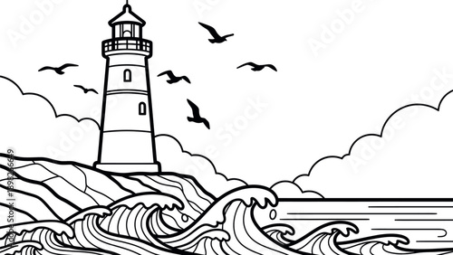 A majestic lighthouse stands on a rugged cliff overlooking dynamic ocean waves and soaring seagulls, perfect for coloring books, educational materials, or marinethemed decorations and