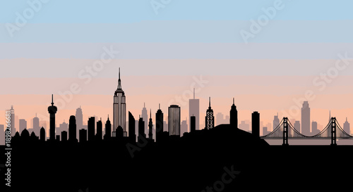 New York City Skyline Silhouette at Dusk.