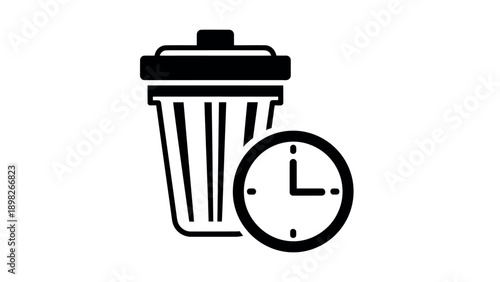 Digital trash can and clock icon representing timed deletion, automatic removal, scheduled data cleanup, or temporary recycle bin management for software applications and system interfaces