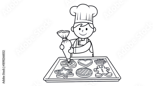 A happy child dressed as a pastry chef carefully decorates an assortment of shaped cookies with an icing bag on a metal baking sheet, ideal for educational materials and activity books.