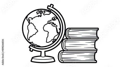 Simple graphic drawing of a world globe next to a stack of three school books representing global education and academic learning resources for students and teachers