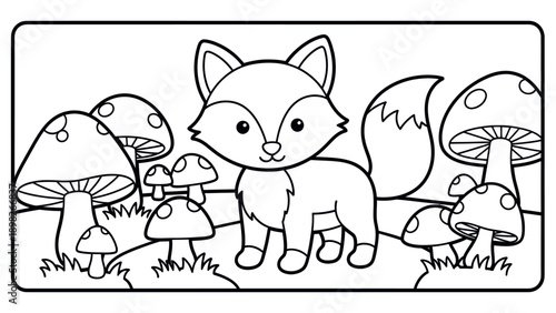 Simple line drawing of a charming fox standing amidst various forest mushrooms and grassy hills, perfect for childrens coloring books and educational activity pages.