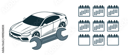 Automotive service scheduling concept showing a stylish car, a large wrench, and calendar visuals for appointments, great for vehicle repair promotions.