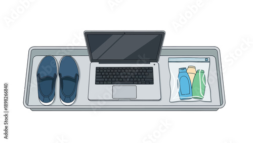 Essentials for airport security screening laid out in a gray tray featuring a laptop, slipon shoes, and travelsized toiletries, useful for travel guides or airport information graphics