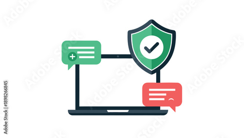 Modern laptop screen connected to a secure shield with a checkmark and message bubbles, symbolizing online data protection, safe internet browsing, and secure digital communication.