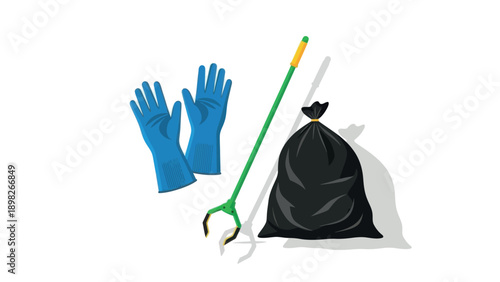 Blue protective gloves, a long green grabber tool, and a black trash bag are essential items for environmental cleanup projects and waste management, suitable for public awareness.