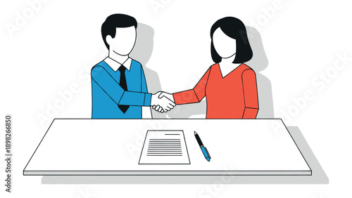 Professional business people shaking hands over a desk with documents, signifying a successful agreement or partnership deal, ideal for corporate presentations, financial reports, or