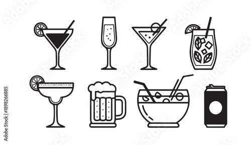 Set of diverse beverage icons: cocktails, beer, champagne, and soda can, flat design