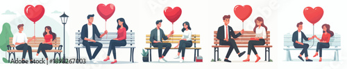 vector of a couple sitting on a park bench giving valentine love balloons