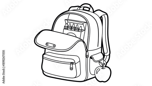 A simple line drawing of a school backpack with an open top revealing a box of crayons, and a fresh apple hanging from the side, ideal for educational resources and childrens activity books.
