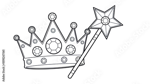 Elegant princess crown and jeweled magic wand line art perfect for childrens coloring books, party decorations, or playful educational activities