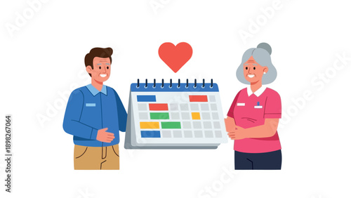 Senior smiling couple happily planning their shared life events and important dates on a visual calendar, symbolizing care and relationship for health or retirement planning applications