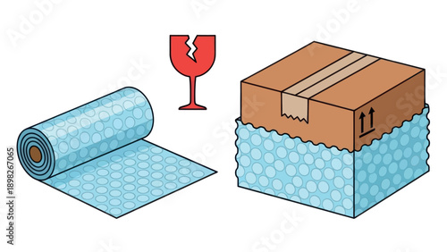 Vital supplies for secure shipping displaying a flexible bubble wrap roll, a clear fragile handling symbol, and a sturdy cardboard box with protective bubble cushioning for safe transport.