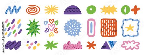 Abstract doodle elements with spirals, plants and wavy lines in naive style. Hand drawn.