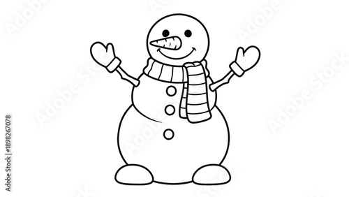 An adorable outline of a smiling snowman wearing mittens and a striped scarf, perfect for winter holiday designs, childrens coloring books, or seasonal celebration projects.