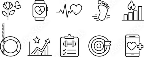 Collection of health and fitness icons representing wellness, progress, and goals