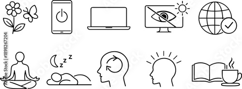 Collection of icons representing self-care, relaxation, and digital well-being concepts