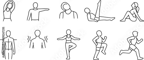 Collection of simple line art icons depicting various fitness and stretching exercises for health and wellness