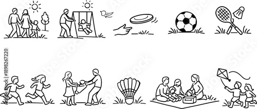 Diverse family outdoor activities and sports icons in a simple line art style