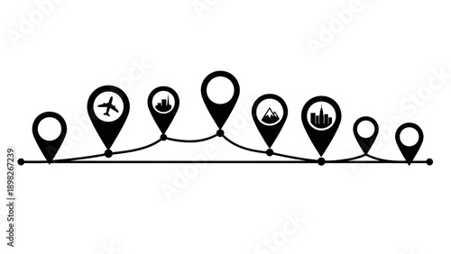 Travel and journey route map pins showing destinations and various points of interest, ideal for vacation planning, logistical tracking, and location representation