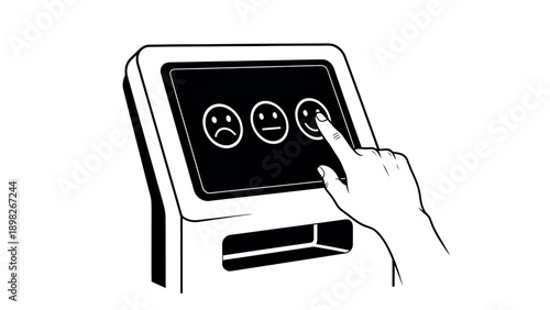 A human hand interacts with a digital feedback kiosk, selecting the happy face emoji to indicate high customer satisfaction and a positive service experience during a user survey or product