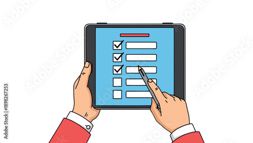 Person holding a portable tablet device and actively completing an online survey form with a stylus, demonstrating efficient task management and digital productivity.