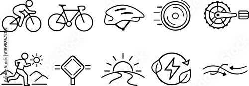 Collection of simple line art icons representing cycling, running, and environmental themes