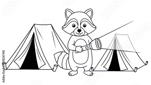 Charming raccoon character holding a flashlight, shining light on camping tents, perfect for childrens books, educational content, and outdoor activity promotions.