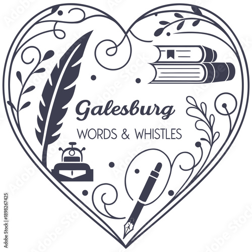 Galesburg literary themed illustration with quill, books, and inkwell in heart