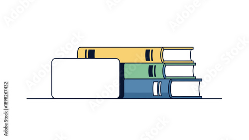 A simple graphic featuring a stack of colorful books alongside a blank rectangular frame, representing educational resources, learning concepts, or platforms for displaying important