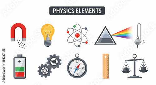 A collection of ten flatdesign icons representing physics concepts on a white background