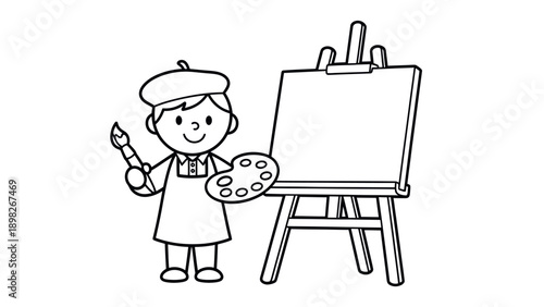 Happy young child dressed as a painter holding a brush and palette standing next to an easel with a blank canvas ready for creative artistic expression or coloring book activity