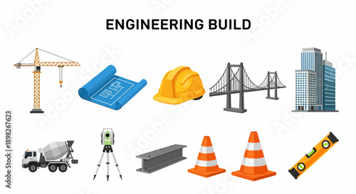Collection of engineering and construction objects on a white background