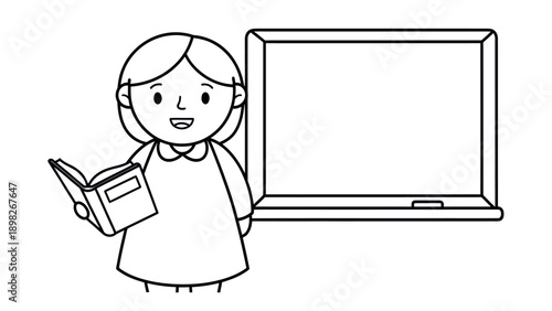 Smiling educator presenting an open book next to a spacious blank chalkboard, perfect for educational resources, classroom learning concepts, and school presentations.