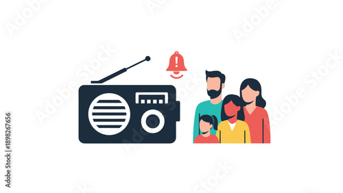 A family with a father mother and two children listens to an important emergency broadcast on a radio with an alert notification bell symbol for public safety and preparedness