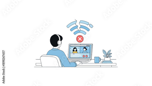 A person wearing headphones struggles with a broken internet connection during a virtual video conference on a laptop at a desk, ideal for showcasing remote work challenges or technical