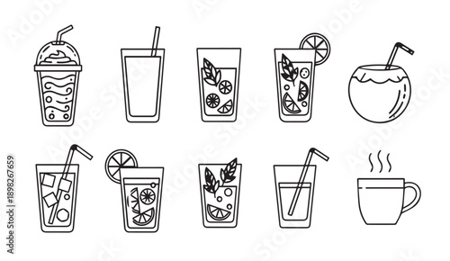 Assorted Drink Icons: Cocktails, Coffee, Iced Drinks, and Coconut - Line Art