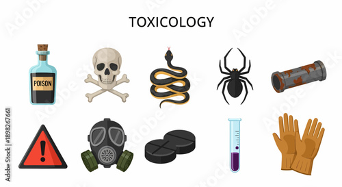 Collection of ten flat icons related to toxicology danger and safety equipment