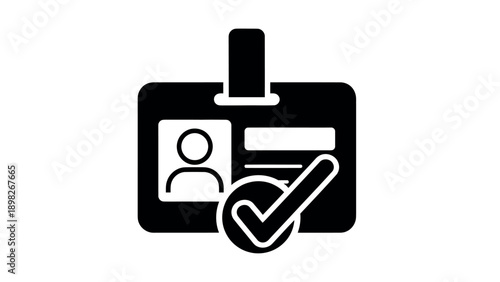 Simple graphic icon of an identification badge with a prominent checkmark symbol, representing verified identity, approved access, and successful authentication for security systems and