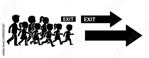 A group of children and adults walking and running towards prominent exit signs with clear directional arrows, symbolizing safe evacuation or finding a guided way out for safety and