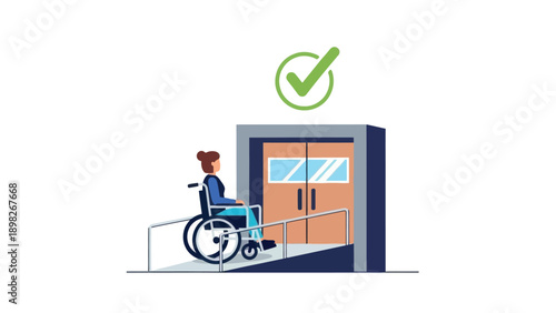 Woman in a wheelchair successfully navigating an accessible ramp towards a building entrance, highlighted by a positive checkmark, illustrating the importance of inclusive infrastructure