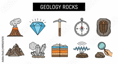 Collection of ten flatstyle icons related to geology arranged in two rows
