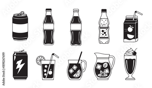 Assorted Cold Drinks Icons: Cans, Bottles, Pitcher, Juice Box, and Ice Cream Sundae
