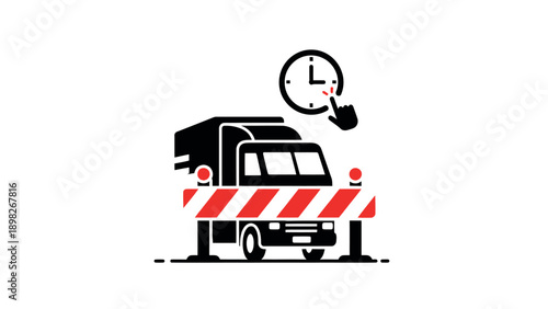 Truck stopped at a road barrier with a clock and pointing hand indicating time restrictions for delivery or transportation services, suitable for logistics and travel industry presentations.