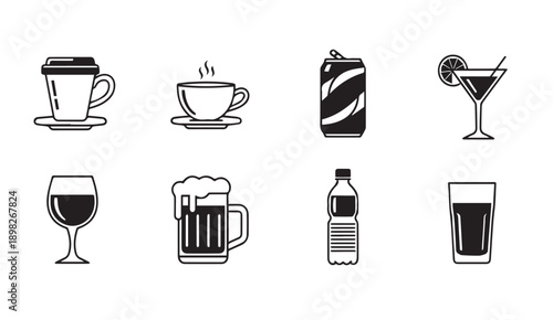 Assorted Drink Icons: Coffee, Beer, Wine, Soda, Cocktail, Water