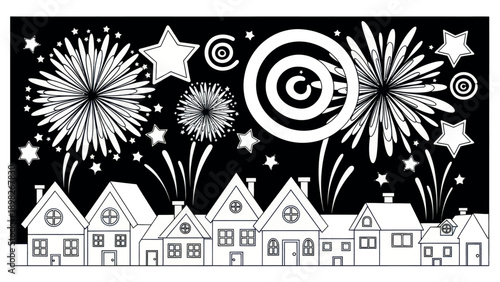 Festive monochromatic cityscape featuring bright fireworks bursts and glimmering stars above quaint village homes perfect for holiday celebrations, New Years Eve announcements, and event