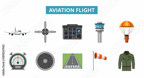 Flat vector icons related to aviation and flight arranged in two rows