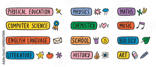 School subjects labels for timetable and planner, colorful doodle set for students and teachers, hand drawn